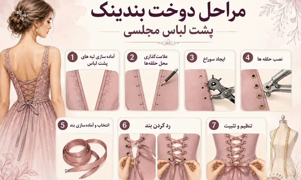 مراحل دوخت بندینک پشت لباس مجلسی-هنرآموز